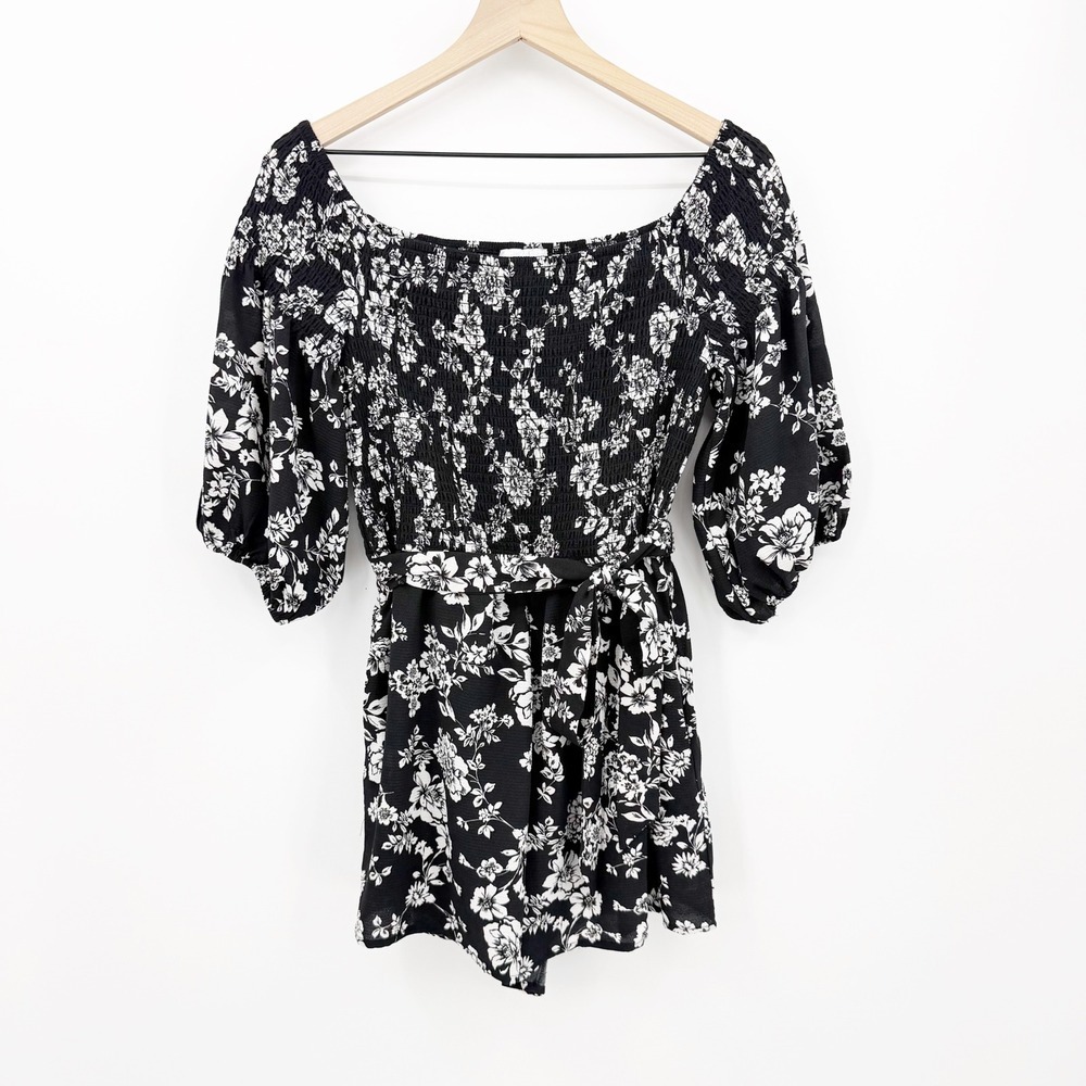Premier Amour Floral Smocked Romper Black White Off Shoulder 14 Coquette Boho